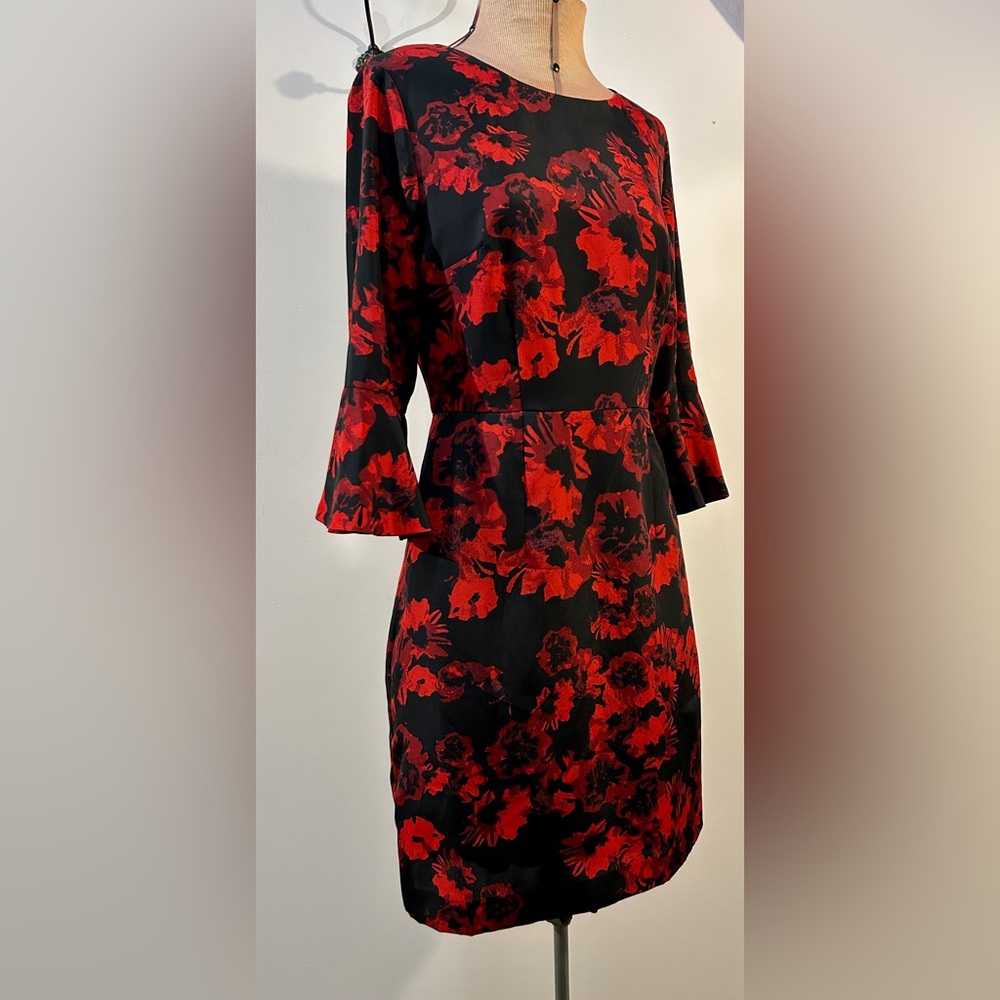 Cynthia Steffe Floral Ruffle Sleeve Sheath Dress Red Black Size 2 - Picture 6 of 14